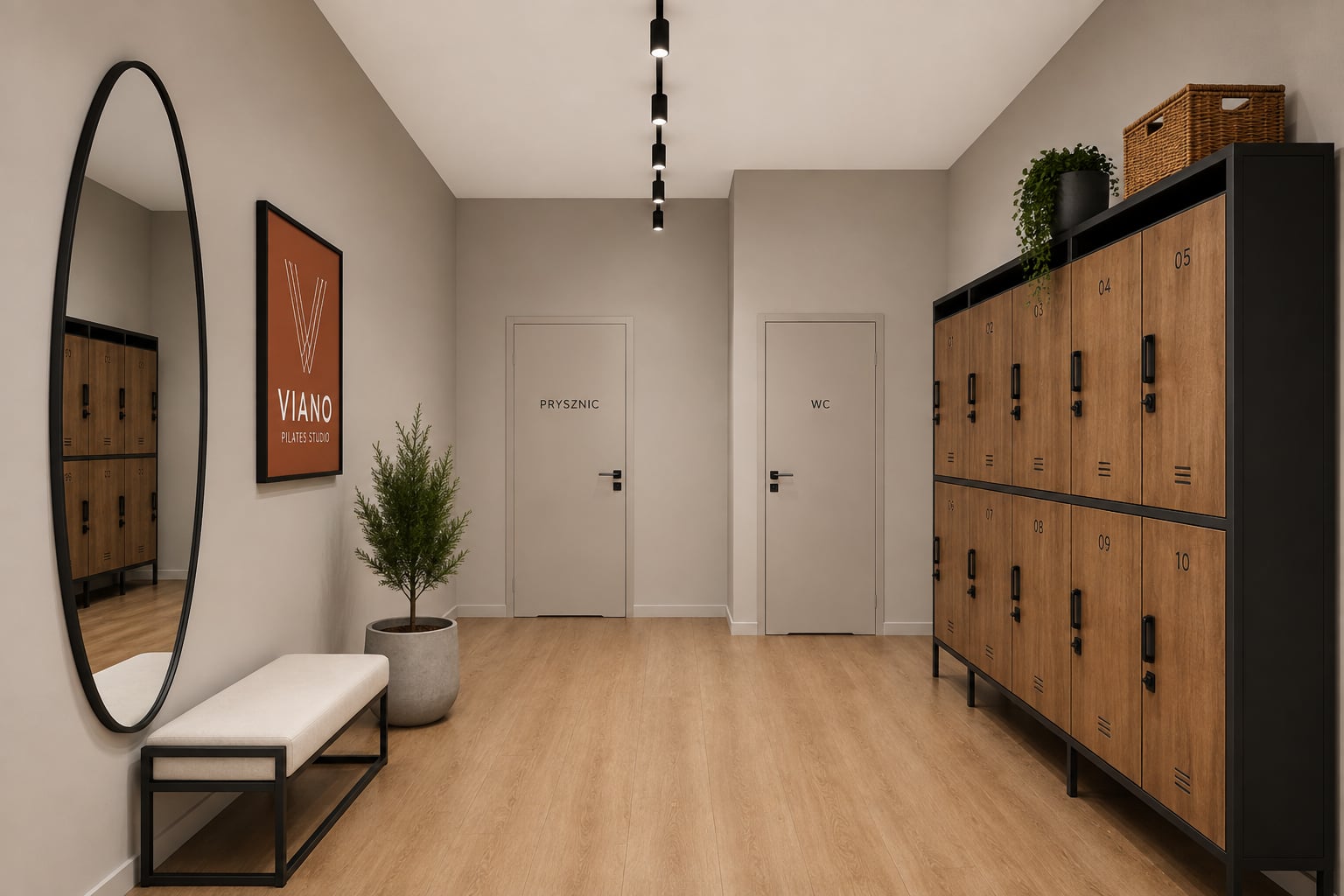 Wizualizacja szatni Viano Studio z szafkami i lustrem